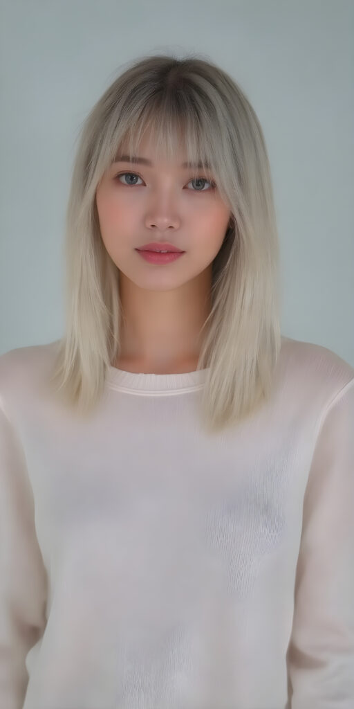 A (((detailed and cute korean lady with straight, long white hair))), characterized by (((slender, delicate facial features))) and (((porcelain skin))), clad in a (((thin, short white sweater))) over a (((mysteriously transparent, sleek sheer mini skirt))), poised elegantly, exuding a sense of (((fashionably toned poise))), designed for fashion photography, with luxurious touches like intricate detailing and contemporary styling. Her look is both playful and sophisticated, embodying the essence of a (Korean supermodel) in a (professional studio setting), perfect eyes, perfect lips, slim, youthful face, and a warm, inviting smile, all complemented by a (fashionably asymmetrical bob hairstyle)