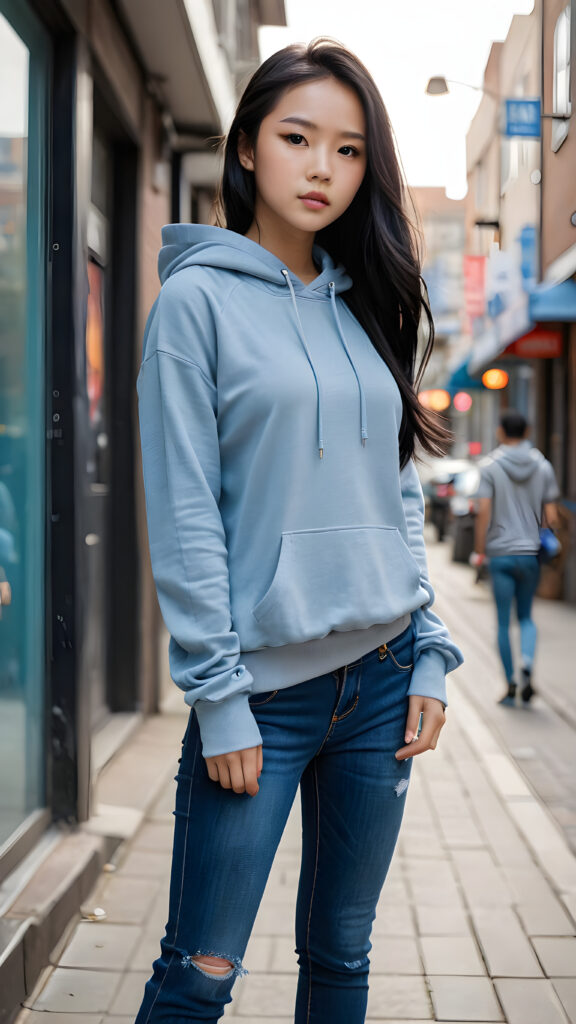 A (((detailed and realistic full-body portrait))), featuring a (((trendy young Asian teen girl))) with long, flowing (((black hair))), embodying a (((modern aesthetic))) with a (((super short, tight, thin silk grey hoodie top))), paired with a (((blue skin tight jeans))), both complemented by (((sharp, urban street photography-inspired accessories))), like a (((Yoji Shinkawa-inspired sleek, minimalist handbag))) and (((stunningly detailed, realistic eyes))), with highly detailed (((pupils))), that draw the viewer in for an intense close-up