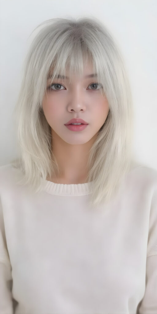 A (((detailed and cute korean lady with straight, long white hair))), characterized by (((slender, delicate facial features))) and (((porcelain skin))), clad in a (((thin, short white sweater))) over a (((mysteriously transparent, sleek sheer mini skirt))), poised elegantly, exuding a sense of (((fashionably toned poise))), designed for fashion photography, with luxurious touches like intricate detailing and contemporary styling. Her look is both playful and sophisticated, embodying the essence of a (Korean supermodel) in a (professional studio setting), perfect eyes, perfect lips, slim, youthful face, and a warm, inviting smile, all complemented by a (fashionably asymmetrical bob hairstyle)