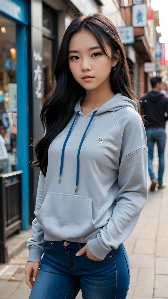 A (((detailed and realistic full-body portrait))), featuring a (((trendy young Asian teen girl))) with long, flowing (((black hair))), embodying a (((modern aesthetic))) with a (((super short, tight, thin silk grey hoodie top))), paired with a (((blue skin tight jeans))), both complemented by (((sharp, urban street photography-inspired accessories))), like a (((Yoji Shinkawa-inspired sleek, minimalist handbag))) and (((stunningly detailed, realistic eyes))), with highly detailed (((pupils))), that draw the viewer in for an intense close-up