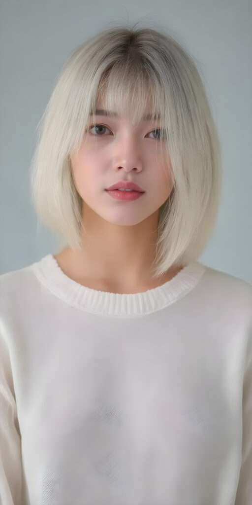 A (((detailed and cute korean lady with straight, long white hair))), characterized by (((slender, delicate facial features))) and (((porcelain skin))), clad in a (((thin, short white sweater))) over a (((mysteriously transparent, sleek sheer mini skirt))), poised elegantly, exuding a sense of (((fashionably toned poise))), designed for fashion photography, with luxurious touches like intricate detailing and contemporary styling. Her look is both playful and sophisticated, embodying the essence of a (Korean supermodel) in a (professional studio setting), perfect eyes, perfect lips, slim, youthful face, and a warm, inviting smile, all complemented by a (fashionably asymmetrical bob hairstyle)