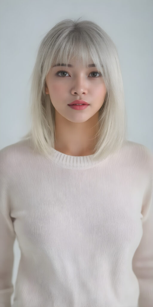 A (((detailed and cute korean lady with straight, long white hair))), characterized by (((slender, delicate facial features))) and (((porcelain skin))), clad in a (((thin, short white sweater))) over a (((mysteriously transparent, sleek sheer mini skirt))), poised elegantly, exuding a sense of (((fashionably toned poise))), designed for fashion photography, with luxurious touches like intricate detailing and contemporary styling. Her look is both playful and sophisticated, embodying the essence of a (Korean supermodel) in a (professional studio setting), perfect eyes, perfect lips, slim, youthful face, and a warm, inviting smile, all complemented by a (fashionably asymmetrical bob hairstyle)