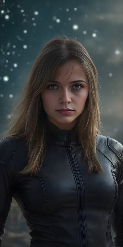 A (((fantastic space girl))) with a sleek, ((leather armor)), adorned with intricate, interwoven patterns that give off a glow, blending seamlessly with her (very futuristic silhouettes), in a (super detailed, high-resolution, full-body shot), under a (softly glowing starry night sky) backdrop, illustrating a sense of (extreme detail and advanced technology) that captures the essence of a (realistic, space fantasy) visual masterpiece