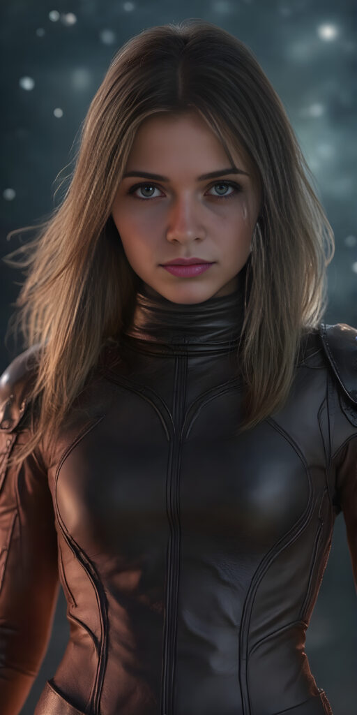 A (((fantastic space girl))) with a sleek, ((leather armor)), adorned with intricate, interwoven patterns that give off a glow, blending seamlessly with her (very futuristic silhouettes), in a (super detailed, high-resolution, full-body shot), under a (softly glowing starry night sky) backdrop, illustrating a sense of (extreme detail and advanced technology) that captures the essence of a (realistic, space fantasy) visual masterpiece