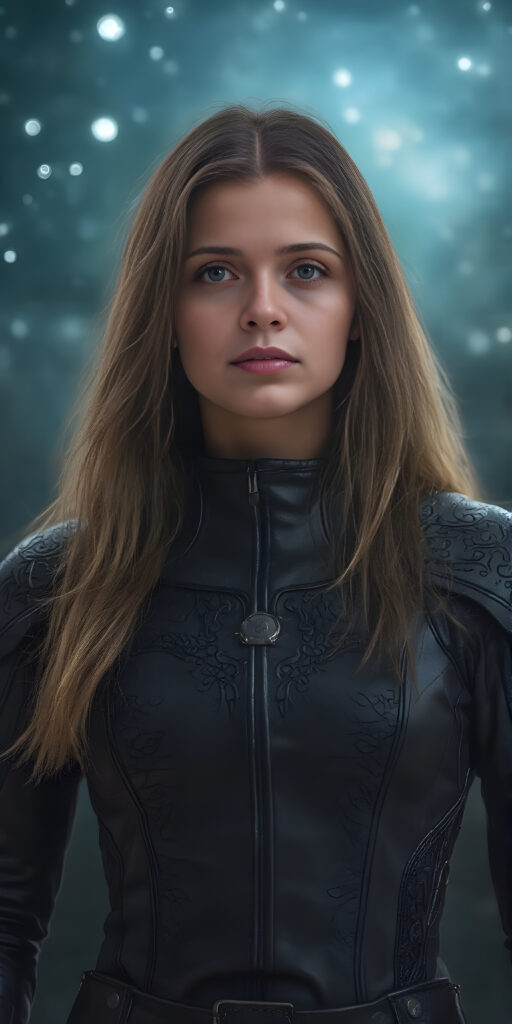 A (((fantastic space girl))) with a sleek, ((leather armor)), adorned with intricate, interwoven patterns that give off a glow, blending seamlessly with her (very futuristic silhouettes), in a (super detailed, high-resolution, full-body shot), under a (softly glowing starry night sky) backdrop, illustrating a sense of (extreme detail and advanced technology) that captures the essence of a (realistic, space fantasy) visual masterpiece