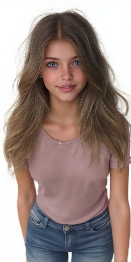 A (((fantastically drawn (((full body portrait))) of a (((cute, realistic teen girl))) with a ((detailed long brown-gold full hair, big bright ((light blue eyes)), and a gentle smile)), dressed in a ((thin form-fitting short t-shirt that accentuates her toned form, and perfectly complements her ((skin tight jeans)), which draw attention to her slender thighs. She exudes an air of ((confident grace)), as if she's a ((professional model)) posing for a high-resolution image that captures her essence of beauty. She stands out not only for her striking appearance but also for her warm, inviting demeanor. Her flawless skin is evident, with a ((clear complexion)) that adds to her overall allure. The image is a masterpiece and a testament to the quality of work that can be found on ArtStation, where she exudes a sense of confidence and grace