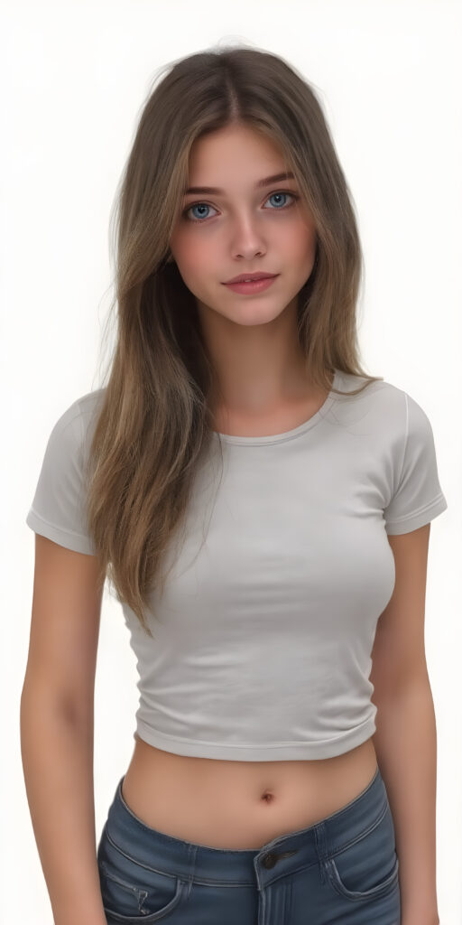 A (((fantastically drawn (((full body portrait))) of a (((cute, realistic teen girl))) with a ((detailed long brown-gold full hair, big bright ((light blue eyes)), and a gentle smile)), dressed in a ((thin form-fitting short t-shirt that accentuates her toned form, and perfectly complements her ((skin tight jeans)), which draw attention to her slender thighs. She exudes an air of ((confident grace)), as if she's a ((professional model)) posing for a high-resolution image that captures her essence of beauty. She stands out not only for her striking appearance but also for her warm, inviting demeanor. Her flawless skin is evident, with a ((clear complexion)) that adds to her overall allure. The image is a masterpiece and a testament to the quality of work that can be found on ArtStation, where she exudes a sense of confidence and grace