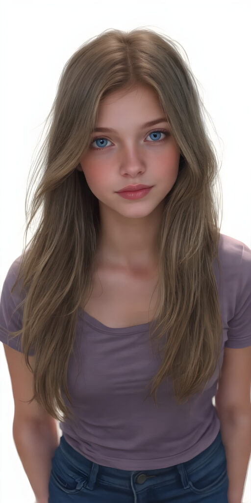 A (((fantastically drawn (((full body portrait))) of a (((cute, realistic teen girl))) with a ((detailed long brown-gold full hair, big bright ((light blue eyes)), and a gentle smile)), dressed in a ((thin form-fitting short t-shirt that accentuates her toned form, and perfectly complements her ((skin tight jeans)), which draw attention to her slender thighs. She exudes an air of ((confident grace)), as if she's a ((professional model)) posing for a high-resolution image that captures her essence of beauty. She stands out not only for her striking appearance but also for her warm, inviting demeanor. Her flawless skin is evident, with a ((clear complexion)) that adds to her overall allure. The image is a masterpiece and a testament to the quality of work that can be found on ArtStation, where she exudes a sense of confidence and grace