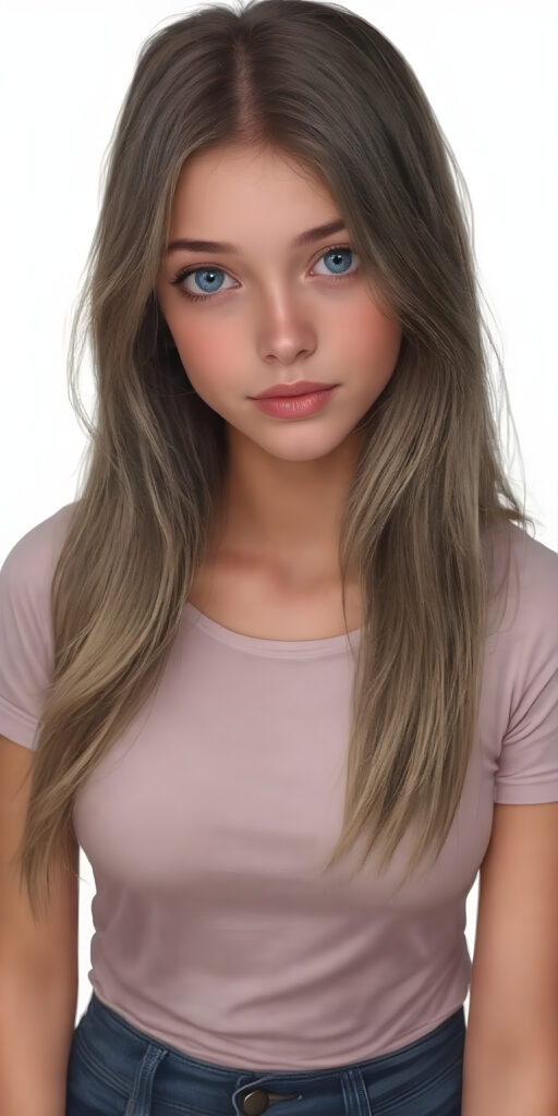 A (((fantastically drawn (((full body portrait))) of a (((cute, realistic teen girl))) with a ((detailed long brown-gold full hair, big bright ((light blue eyes)), and a gentle smile)), dressed in a ((thin form-fitting short t-shirt that accentuates her toned form, and perfectly complements her ((skin tight jeans)), which draw attention to her slender thighs. She exudes an air of ((confident grace)), as if she's a ((professional model)) posing for a high-resolution image that captures her essence of beauty. She stands out not only for her striking appearance but also for her warm, inviting demeanor. Her flawless skin is evident, with a ((clear complexion)) that adds to her overall allure. The image is a masterpiece and a testament to the quality of work that can be found on ArtStation, where she exudes a sense of confidence and grace