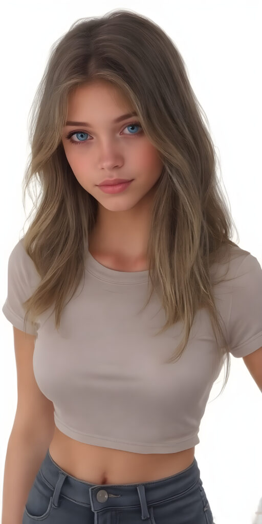 A (((fantastically drawn (((full body portrait))) of a (((cute, realistic teen girl))) with a ((detailed long brown-gold full hair, big bright ((light blue eyes)), and a gentle smile)), dressed in a ((thin form-fitting short t-shirt that accentuates her toned form, and perfectly complements her ((skin tight jeans)), which draw attention to her slender thighs. She exudes an air of ((confident grace)), as if she's a ((professional model)) posing for a high-resolution image that captures her essence of beauty. She stands out not only for her striking appearance but also for her warm, inviting demeanor. Her flawless skin is evident, with a ((clear complexion)) that adds to her overall allure. The image is a masterpiece and a testament to the quality of work that can be found on ArtStation, where she exudes a sense of confidence and grace