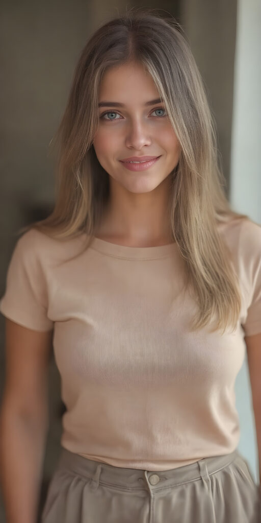 A (((full body view))) of a (((cute))) ((attractive)) ((elegant)) ((female model)), with long (((straight beige hair))) and (((amber eyes))), dressed in a ((short tight beige t-shirt)) and ((short (round) mini round pants)), elegantly posed, looking confidently at the viewer. Her smile is warm and inviting. The scene is (softly backlit) with (crisp details) that make her shine like a (high-quality) cinematic character. Looking at her full body in a (((high-resolution 8K photograph))), exuding exuberance and sophistication, perfectly capturing her beauty as a (((top model))) in a (((full body view))), showcasing her toned, flawless skin and perfectly straight, detailed lips for a (dynamic smile) that draws you in