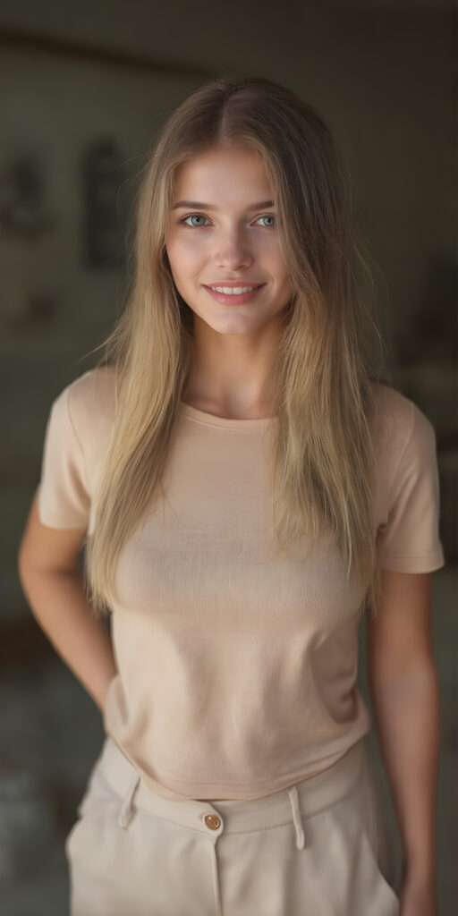 A (((full body view))) of a (((cute))) ((attractive)) ((elegant)) ((female model)), with long (((straight beige hair))) and (((amber eyes))), dressed in a ((short tight beige t-shirt)) and ((short (round) mini round pants)), elegantly posed, looking confidently at the viewer. Her smile is warm and inviting. The scene is (softly backlit) with (crisp details) that make her shine like a (high-quality) cinematic character. Looking at her full body in a (((high-resolution 8K photograph))), exuding exuberance and sophistication, perfectly capturing her beauty as a (((top model))) in a (((full body view))), showcasing her toned, flawless skin and perfectly straight, detailed lips for a (dynamic smile) that draws you in