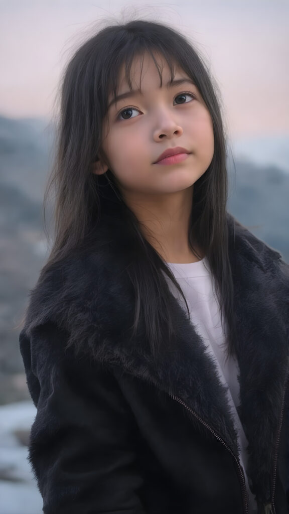 A (((full body shot))) of a beautiful young girl, wearing a sleek ((jacket)) that's open at the top, revealing a ((white t-shirt)) underneath it. The jacket is made of soft, fluffy ((black fur)) with a thin, ((brown leather trim)) and ((purple suede)) accents. She has ((long, straight soft black hair)) that reaches just past her shoulders. The girl is ((looking up at the camera)) in a softly (dusk-filled) mountain setting, with ((the stars just appearing to twinkle)) in the sky above her