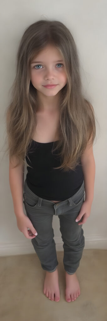 A (((full body image))) of a (((cute young teen))), with flowing (((long, straight brown hair))), (((blue eyes))), and (((perfectly proportioned features))), dressed in a (((black thin cropped tank top))), (((jeans pants))). The image captures her bare feet, showcasing her ((perfectly pedicured feet)). The soft, natural lighting accentuates her youthful beauty and the intricate details of her feet and legs.