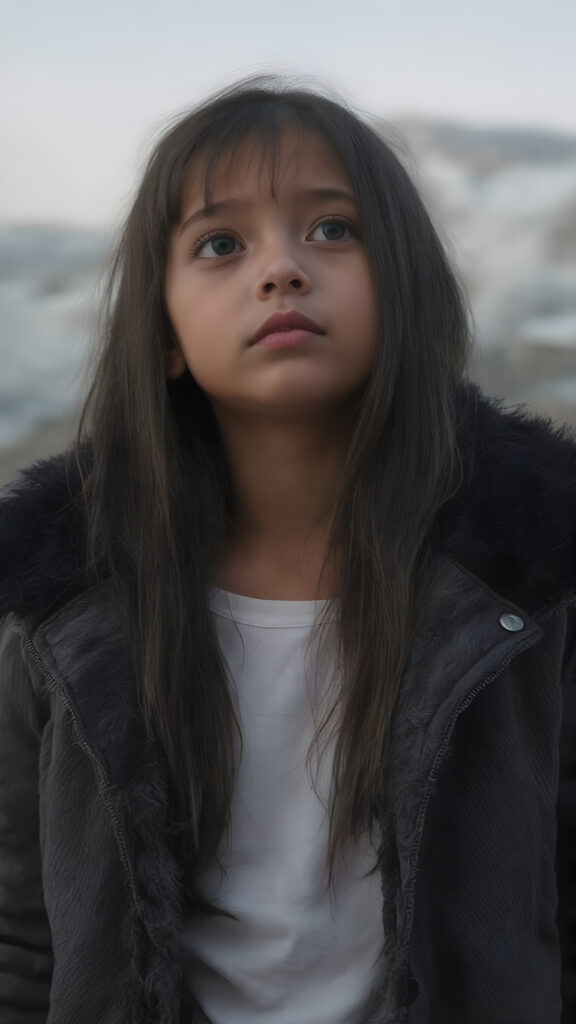 A (((full body shot))) of a beautiful young girl, wearing a sleek ((jacket)) that's open at the top, revealing a ((white t-shirt)) underneath it. The jacket is made of soft, fluffy ((black fur)) with a thin, ((brown leather trim)) and ((purple suede)) accents. She has ((long, straight soft black hair)) that reaches just past her shoulders. The girl is ((looking up at the camera)) in a softly (dusk-filled) mountain setting, with ((the stars just appearing to twinkle)) in the sky above her