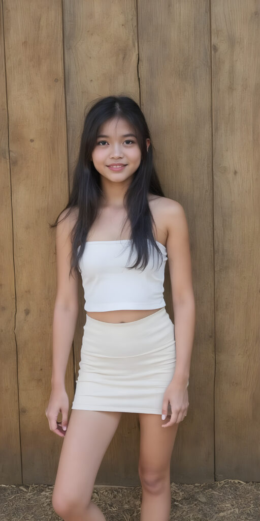 A (((full body view))) of a (((cute young girl), age 25, with long, flowing (((soft black hair))), round cheeks, and (((seductive smile))), dressed in a ((white sleeveless thin strap top)) and ((short tight thin skirt)), (perfectly accentuating her slender thighs), in front of a (wooden wall) where she stands confidently, as if on a natural woodland backdrop, under soft natural lighting, full HD