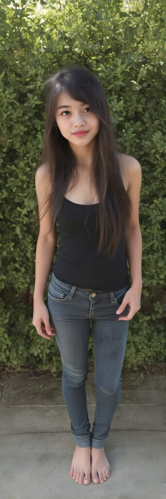 A (((full body image))) of a (((cute young Asia babe, girl))), with flowing (((long, brown hair))), (((blue eyes))), and (((perfectly proportioned features))), dressed in a (((black thin tank top))), (((jeans pants))). The image captures her bare feet, showcasing her ((perfectly pedicured feet)). The soft, natural lighting accentuates her youthful beauty and the intricate details of her feet and legs, sunny green backdrop, stand in front of viewer