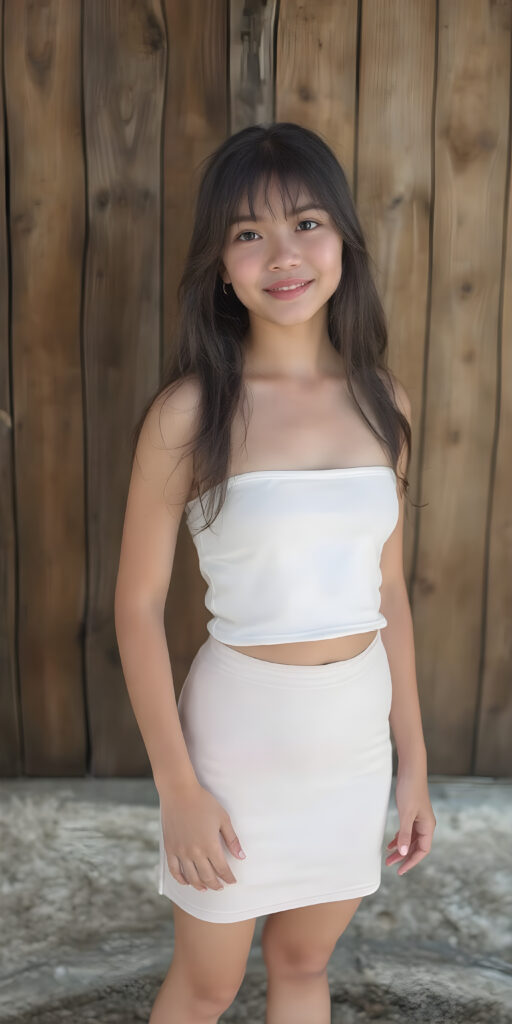 A (((full body view))) of a (((cute young girl), age 25, with long, flowing (((soft black hair))), round cheeks, and (((seductive smile))), dressed in a ((white sleeveless thin strap top)) and ((short tight thin skirt)), (perfectly accentuating her slender thighs), in front of a (wooden wall) where she stands confidently, as if on a natural woodland backdrop, under soft natural lighting, full HD