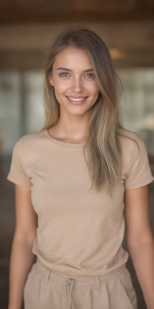 A (((full body view))) of a (((cute))) ((attractive)) ((elegant)) ((female model)), with long (((straight beige hair))) and (((amber eyes))), dressed in a ((short tight beige t-shirt)) and ((short (round) mini round pants)), elegantly posed, looking confidently at the viewer. Her smile is warm and inviting. The scene is (softly backlit) with (crisp details) that make her shine like a (high-quality) cinematic character. Looking at her full body in a (((high-resolution 8K photograph))), exuding exuberance and sophistication, perfectly capturing her beauty as a (((top model))) in a (((full body view))), showcasing her toned, flawless skin and perfectly straight, detailed lips for a (dynamic smile) that draws you in