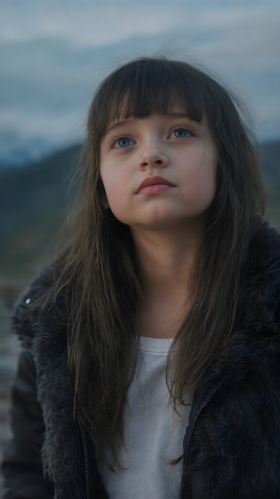 A (((full body shot))) of a beautiful young girl, wearing a sleek ((jacket)) that's open at the top, revealing a ((white t-shirt)) underneath it. The jacket is made of soft, fluffy ((black fur)) with a thin, ((brown leather trim)) and ((purple suede)) accents. She has ((long, straight soft black hair)) that reaches just past her shoulders. The girl is ((looking up at the camera)) in a softly (dusk-filled) mountain setting, with ((the stars just appearing to twinkle)) in the sky above her