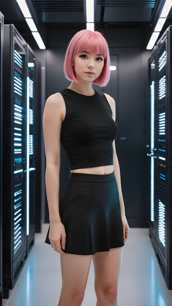 a (((full-body portrait))) featuring a (((super cute young girl))) with pink straight hair, bangs cut, dressed in a (((super short (black crop top)))); she's paired with (((short black mini skirt))), posing confidently in a sleek, futuristic data center