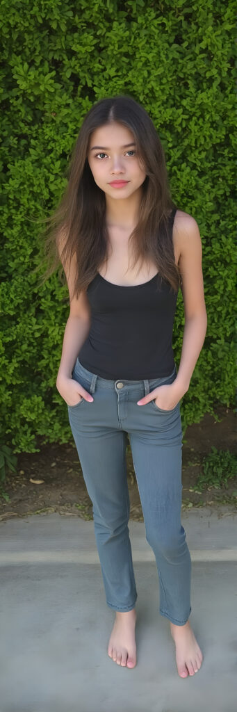 A (((full body image))) of a (((cute young Asia babe, girl))), with flowing (((long, brown hair))), (((blue eyes))), and (((perfectly proportioned features))), dressed in a (((black thin tank top))), (((jeans pants))). The image captures her bare feet, showcasing her ((perfectly pedicured feet)). The soft, natural lighting accentuates her youthful beauty and the intricate details of her feet and legs, sunny green backdrop, stand in front of viewer