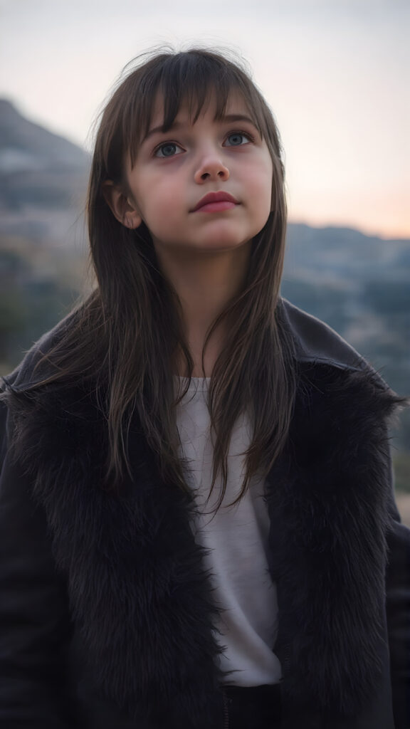 A (((full body shot))) of a beautiful young girl, wearing a sleek ((jacket)) that's open at the top, revealing a ((white t-shirt)) underneath it. The jacket is made of soft, fluffy ((black fur)) with a thin, ((brown leather trim)) and ((purple suede)) accents. She has ((long, straight soft black hair)) that reaches just past her shoulders. The girl is ((looking up at the camera)) in a softly (dusk-filled) mountain setting, with ((the stars just appearing to twinkle)) in the sky above her