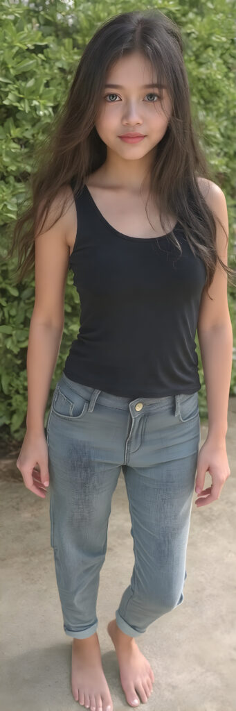 A (((full body image))) of a (((cute young Asia babe, girl))), with flowing (((long, brown hair))), (((blue eyes))), and (((perfectly proportioned features))), dressed in a (((black thin tank top))), (((jeans pants))). The image captures her bare feet, showcasing her ((perfectly pedicured feet)). The soft, natural lighting accentuates her youthful beauty and the intricate details of her feet and legs, sunny green backdrop, stand in front of viewer