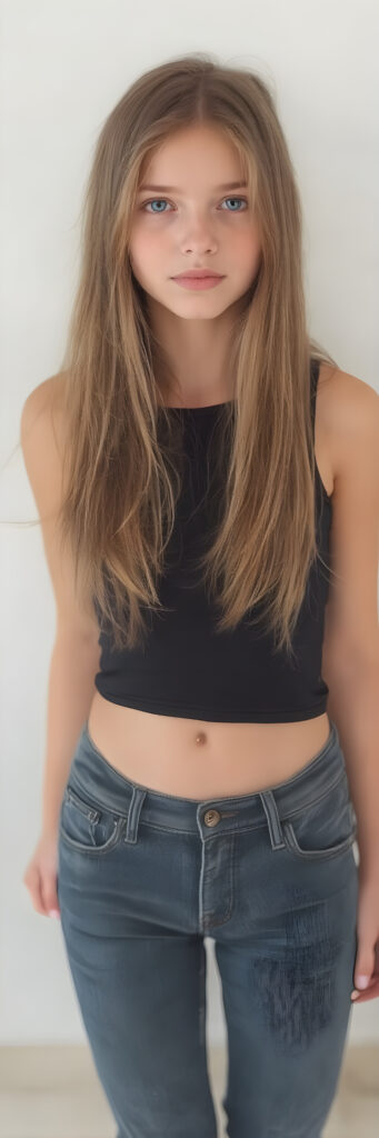 A (((full body image))) of a (((cute young teen))), with flowing (((long, straight brown hair))), (((blue eyes))), and (((perfectly proportioned features))), dressed in a (((black thin cropped tank top))), (((jeans pants))). The image captures her bare feet, showcasing her ((perfectly pedicured feet)). The soft, natural lighting accentuates her youthful beauty and the intricate details of her feet and legs.