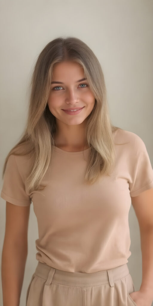 A (((full body view))) of a (((cute))) ((attractive)) ((elegant)) ((female model)), with long (((straight beige hair))) and (((amber eyes))), dressed in a ((short tight beige t-shirt)) and ((short (round) mini round pants)), elegantly posed, looking confidently at the viewer. Her smile is warm and inviting. The scene is (softly backlit) with (crisp details) that make her shine like a (high-quality) cinematic character. Looking at her full body in a (((high-resolution 8K photograph))), exuding exuberance and sophistication, perfectly capturing her beauty as a (((top model))) in a (((full body view))), showcasing her toned, flawless skin and perfectly straight, detailed lips for a (dynamic smile) that draws you in