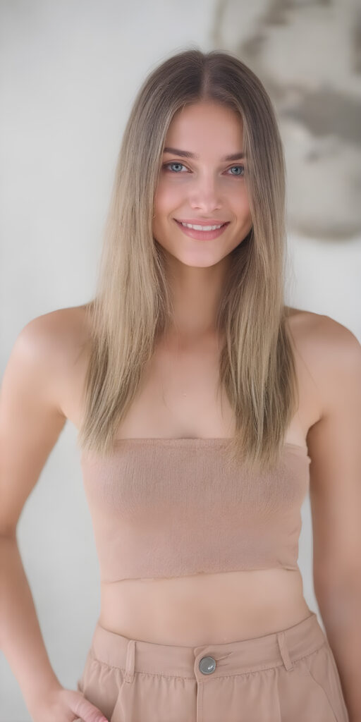 A (((full body view))) of a (((cute))) ((attractive)) ((elegant)) ((female model)), with long (((straight beige hair))) and (((amber eyes))), dressed in a ((short tight beige top)) and ((short (round) mini round pants)), elegantly posed, looking confidently at the viewer. Her smile is warm and inviting. The scene is (softly backlit) with (crisp details) that make her shine like a (high-quality) cinematic character. Looking at her full body in a (((high-resolution 8K photograph))), exuding exuberance and sophistication, perfectly capturing her beauty as a (((top model))) in a (((full body view))), showcasing her toned, flawless skin and perfectly straight, detailed lips for a (dynamic smile) that draws you in