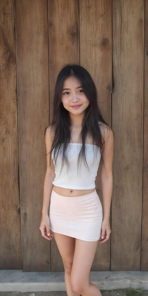 A (((full body view))) of a (((cute young girl), age 25, with long, flowing (((soft black hair))), round cheeks, and (((seductive smile))), dressed in a ((white sleeveless thin strap top)) and ((short tight thin skirt)), (perfectly accentuating her slender thighs), in front of a (wooden wall) where she stands confidently, as if on a natural woodland backdrop, under soft natural lighting, full HD