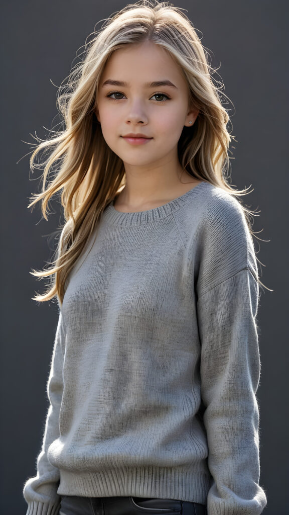 A ((highly detailed, realistic)) (((photo))), capturing a (((young teen girl))), age 13, with a delicate yet pale complexion, jet white thick straight hair with bangs, wearing a (((grey wool sweater and grey jeans))), ((stunning)), ((gorgeous)), ((black background)), ((perfect light and shadows)), ((crisp details)), ((rich colors)), (((photorealistic))), ((digital photography)), ((shades of grey))