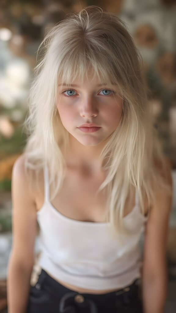 A (hyper-realistic, highly-detailed, vivid (((full body portrait))), with ((warm highlights)) and ((soft, natural looking lighting)), ((crisp details)), capturing a (((super cute adult girl))) with ((pale skin)) and ((adorable sparkling eyes)), long, flowing white hair, dressed in a ((white tank top)), (((black mini shorts))), that give off a ((soft glow)) and complement her overall look