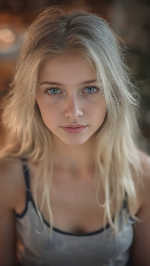 A (hyper-realistic, highly-detailed, vivid (((full body portrait))), with ((warm highlights)) and ((soft, natural looking lighting)), ((crisp details)), capturing a (((super cute adult girl))) with ((pale skin)) and ((adorable sparkling eyes)), long, flowing white hair, dressed in a ((white tank top)), (((black mini shorts))), that give off a ((soft glow)) and complement her overall look