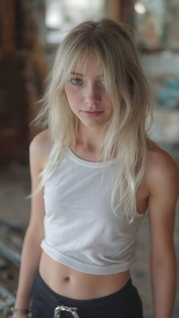 A (hyper-realistic, highly-detailed, vivid (((full body portrait))), with ((warm highlights)) and ((soft, natural looking lighting)), ((crisp details)), capturing a (((super cute adult girl))) with ((pale skin)) and ((adorable sparkling eyes)), long, flowing white hair, dressed in a ((white tank top)), (((black mini shorts))), that give off a ((soft glow)) and complement her overall look