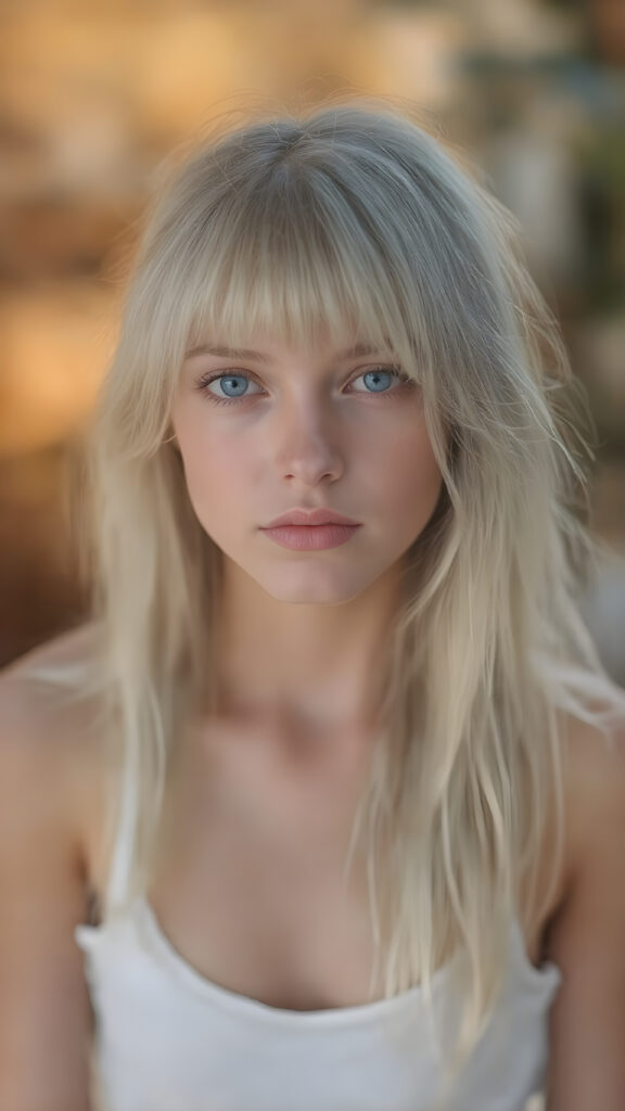 A (hyper-realistic, highly-detailed, vivid (((full body portrait))), with ((warm highlights)) and ((soft, natural looking lighting)), ((crisp details)), capturing a (((super cute adult girl))) with ((pale skin)) and ((adorable sparkling eyes)), long, flowing white hair, dressed in a ((white tank top)), (((black mini shorts))), that give off a ((soft glow)) and complement her overall look