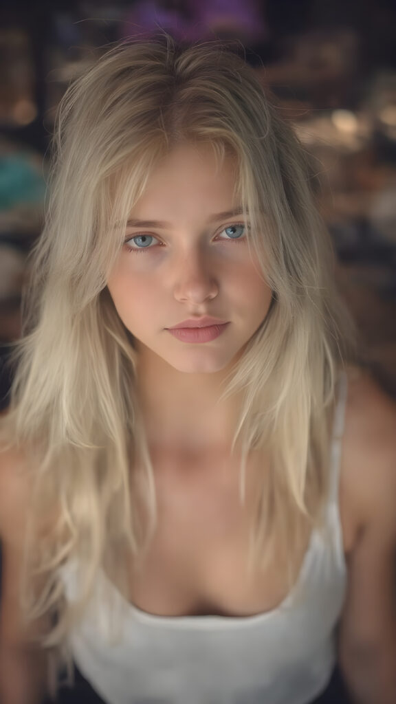 A (hyper-realistic, highly-detailed, vivid (((full body portrait))), with ((warm highlights)) and ((soft, natural looking lighting)), ((crisp details)), capturing a (((super cute adult girl))) with ((pale skin)) and ((adorable sparkling eyes)), long, flowing white hair, dressed in a ((white tank top)), (((black mini shorts))), that give off a ((soft glow)) and complement her overall look