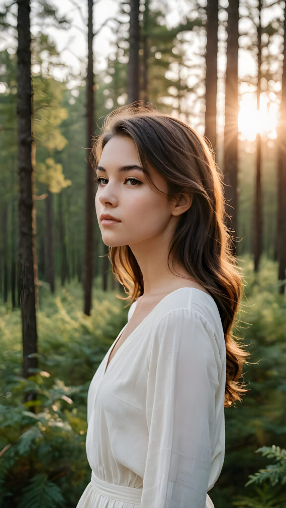 a (((minimalist masterpiece))) featuring a (((brunette teen girl))) elegantly posed against a (((serene forest backdrop))), with the scene contrasted against a (((white background))). The composition emphasizes the woman's flowing contours and exudes a sense of timelessness and tranquility. Soft, (((sunset hues))), blending into the image, give a sense of natural elegance that complements the subject's simple, modern silhouette.