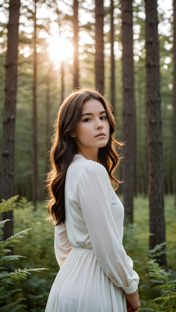 a (((minimalist masterpiece))) featuring a (((brunette teen girl))) elegantly posed against a (((serene forest backdrop))), with the scene contrasted against a (((white background))). The composition emphasizes the woman's flowing contours and exudes a sense of timelessness and tranquility. Soft, (((sunset hues))), blending into the image, give a sense of natural elegance that complements the subject's simple, modern silhouette.