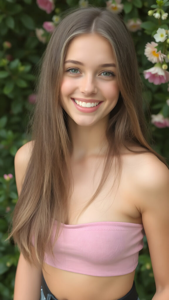 a (((perfect portrait))) featuring a (((beautiful, youthful busty model teenage girl))) with luxurious, straight soft ((long hair)), and flawless complexions, smiling confidently with a ((vividly detailed full lip and perfectly aligned teeth)), poised in a (seductively coy pose) with a ((low-cut crop top)) that perfectly complements her flawless complexion, (((the photo exudes a sense of youthful vitality and natural beauty))). She is posed against a backdrop of a ((green spring garden with lush foliage and flowers)), which accentuates her striking beauty in a soft lighting. The image captures her full body elegantly, with a ((flawlessly detailed face)), perfectly aligned teeth, and a seductive, inviting gaze making her smile even more captivating