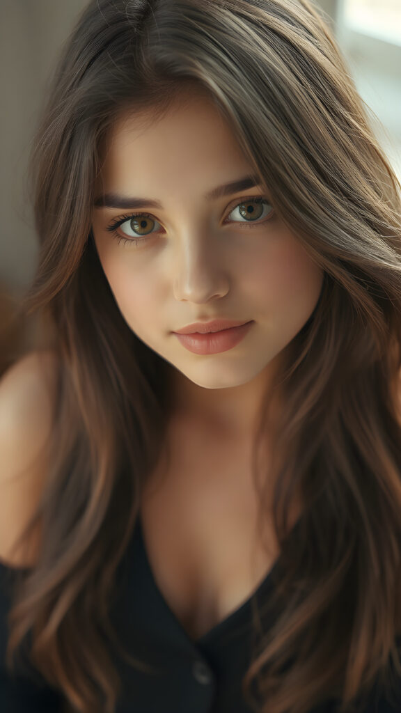 A (((perfectly proportioned portrait))), with stunning (amber eyes) that emit a gentle glow, framed by (soft, long obsidian hair) that creates a cozy, warm atmosphere. The subject is a (((beautiful teen girl))) who exudes self-confidence, with a (healthy glow) on her skin, wearing a (tight deep v-neck crop top) that accentuates her perfect body, complemented by (realistic, detailed soft light) that brings out her (best features)