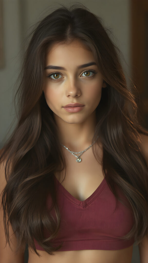 A (((perfectly proportioned portrait))), with stunning (amber eyes) that emit a gentle glow, framed by (soft, long obsidian hair) that creates a cozy, warm atmosphere. The subject is a (((beautiful teen girl))) who exudes self-confidence, with a (healthy glow) on her skin, wearing a (tight deep v-neck crop top) that accentuates her perfect body, complemented by (realistic, detailed soft light) that brings out her (best features)