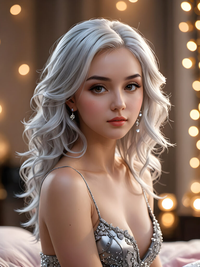 a (((perky female silhouette))), with flowing (((silver hair cascading))), exuding a (((coyly seductive expression))), accompanied by a (((piercing gaze))) in a (((low-key lit boudoir setting))), accentuated by a (((soft bokeh effect))), with (hyper-detailed intricate details) that give off an (unreal engine fantasy vibe), color-matched with complementary hues, creating a (fantasy concept art splash screen) with 8K resolution