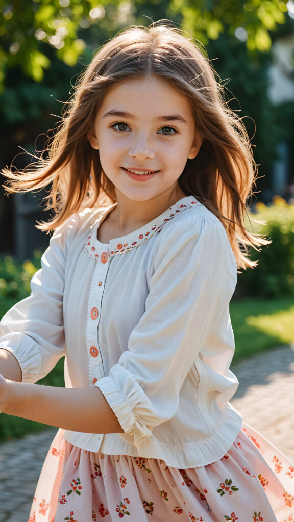 a playful (((young girl, 16 years old))) with rosy cheeks and bright eyes, capturing a wholesome, (((cuteness))), dressed in a (simple, sunny outfit)