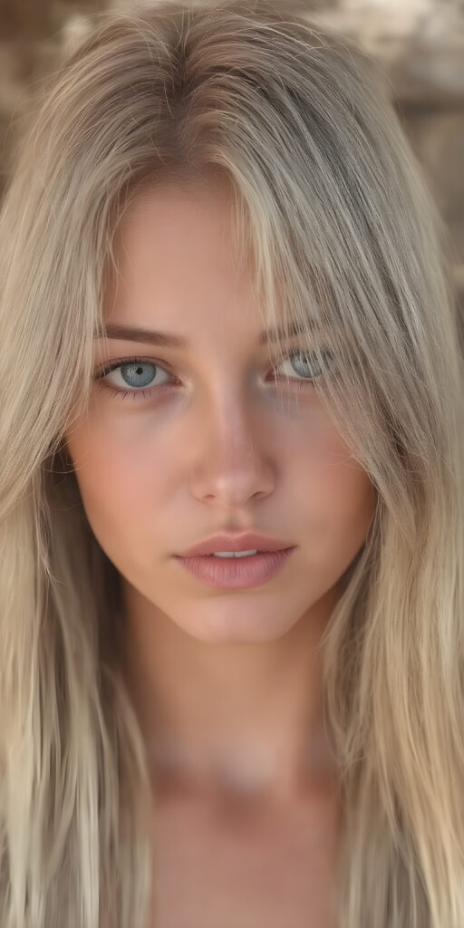 A (((portrait image))) of a (((power girl))) with (((long, straight, thick, untucked natural white golden blonde hair))), framed by her (((natural skin))), which blends seamlessly into a (((softly detailed, intricate outdoor background))), capturing an (((8K resolution, ultra high definition image))), with a (((full color palette))), evoking a sense of (((hyperrealism))). The scene is highly detailed, with (((optical patterns and texture at the edge of her hair))) that mimic the look of natural light catching on her skin, giving off a glowing (((golden, warm glow))) that emphasizes her as an outdoor powerhouse