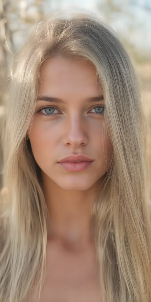 A (((portrait image))) of a (((power girl))) with (((long, straight, thick, untucked natural white golden blonde hair))), framed by her (((natural skin))), which blends seamlessly into a (((softly detailed, intricate outdoor background))), capturing an (((8K resolution, ultra high definition image))), with a (((full color palette))), evoking a sense of (((hyperrealism))). The scene is highly detailed, with (((optical patterns and texture at the edge of her hair))) that mimic the look of natural light catching on her skin, giving off a glowing (((golden, warm glow))) that emphasizes her as an outdoor powerhouse