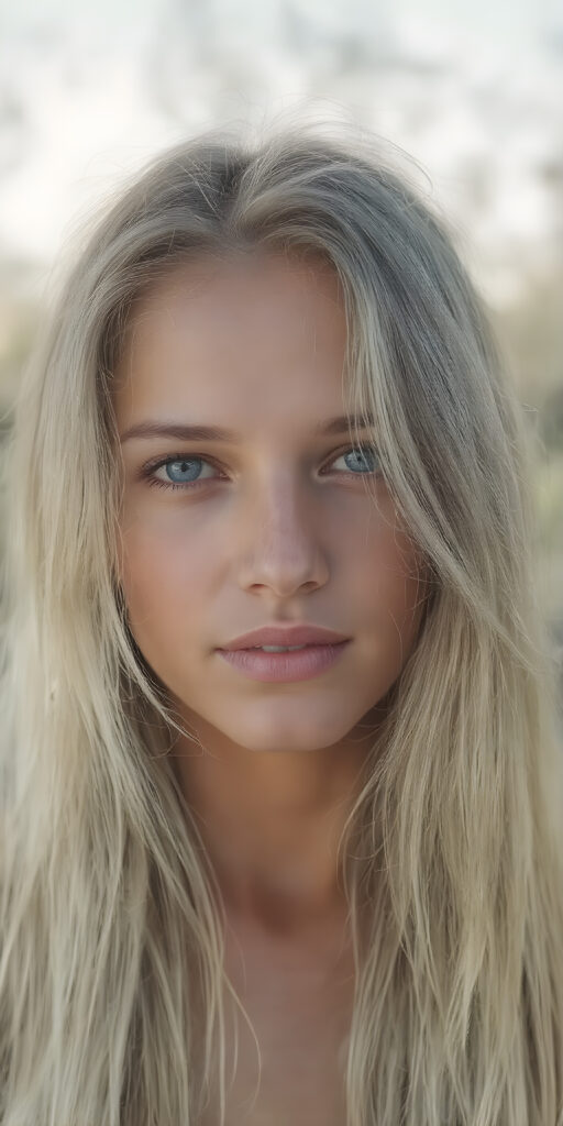 A (((portrait image))) of a (((power girl))) with (((long, straight, thick, untucked natural white golden blonde hair))), framed by her (((natural skin))), which blends seamlessly into a (((softly detailed, intricate outdoor background))), capturing an (((8K resolution, ultra high definition image))), with a (((full color palette))), evoking a sense of (((hyperrealism))). The scene is highly detailed, with (((optical patterns and texture at the edge of her hair))) that mimic the look of natural light catching on her skin, giving off a glowing (((golden, warm glow))) that emphasizes her as an outdoor powerhouse