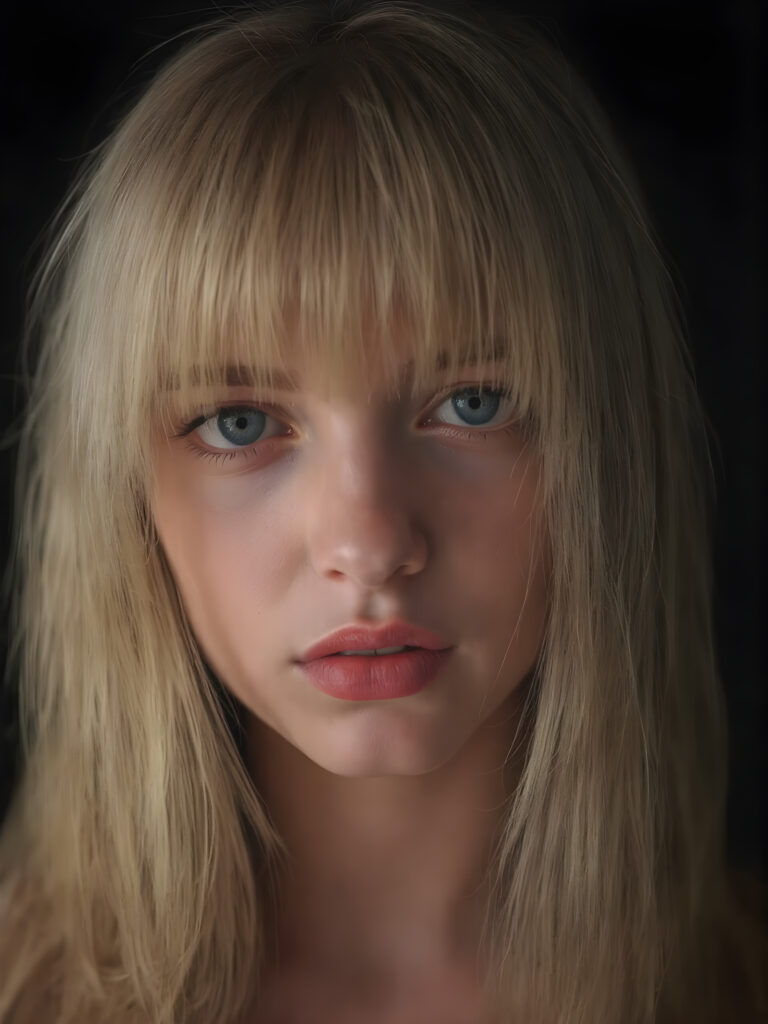 A (((professional photograph))) featuring a girl with beautifully straight, long, flowing blond hair framing her face, intricate details and patterns that mimic the texture of skin, with perfectly symmetrical, evenly spaced bangs that extend gracefully outwards. Her lips are full, painted in dramatic red color contrasted by the black background, creating a stunningly visual impact