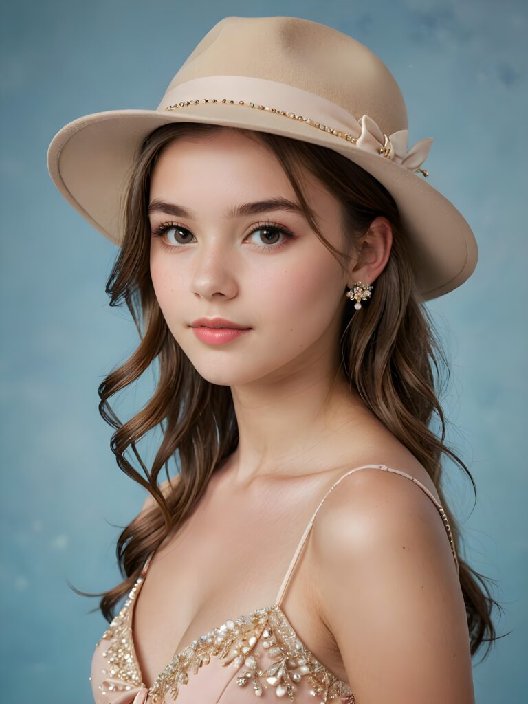 a (((professional teen girl model))) with one visible shoulder, sporting a sleek hat), accessorized with delicate jewelry and ((barely noticeable)) earrings, all against a softly diffused (+SSXL Advanced Photo realistic Diffusion: 1.2+) backdrop that exudes advanced levels of realism and exceptional quality